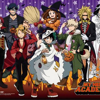 an anime movie poster with many people dressed up as witches and other characters in costumes My Hero Academia Halloween Mha Halloween Official Art, My Hero Academia Group Picture, Hero Halloween, dark olive green