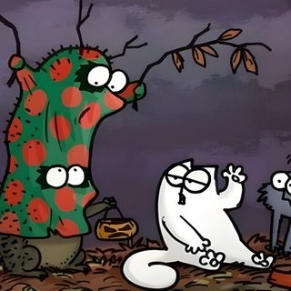 two cats standing next to each other in front of a tree with leaves on it Simons Cat Halloween Hd Simons Cat Spider, Simons Cat Background, Simon The Cat Christmas, dark slate gray