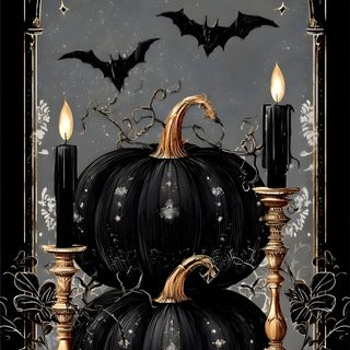 a black and gold halloween card with pumpkins, candles and bats in the background Gothic Halloween For Home Halloween Gothic Ideas, Gothic Halloween Iphone, Gothic Holiday, black
