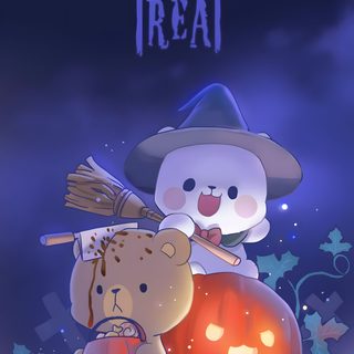 two teddy bears sitting next to each other with pumpkins in front of them and the words trick or treat Milk And Mocha Halloween Image Halloween, Piskel Art, Milk & Mocha, Cute Bear Drawings, dark slate gray