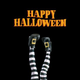 a woman in striped stockings with her legs crossed and the words happy halloween above her Happy Halloween Stockings Witch Broomstick For Halloween, Halloween Happy Halloween Witches Images, Happy Halloween Witch On Broom, black