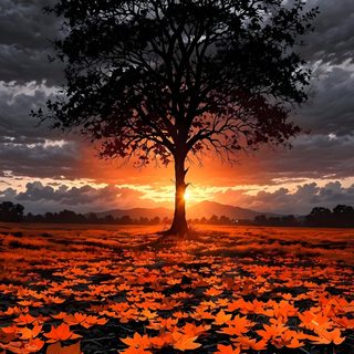 a tree in the middle of a field with leaves all over it and a sunset behind it Halloween Sunrise Autumn Sunrise, Sunset Through Fall Leaves, Fall Tree Pinterest, dark slate gray