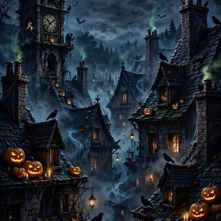 an image of a halloween scene with pumpkins in the air and buildings lit up at night Halloween Creepy black