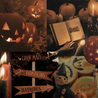 halloween themed collage with candles, pumpkins and other things in the background on display Halloween Laptop Aesthetic Fall Aesthetic Vintage Laptop, For Computer Fall, Summerween Laptop, saddle brown