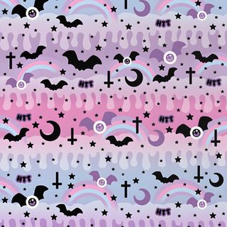 a purple and blue pattern with crosses, clouds, and bats on it's surface Pastel Halloween Party Black Bat And Rainbow Design, Gothic Phone Background Ideas, Pastel Aesthetic Decor Inspiration, thistle