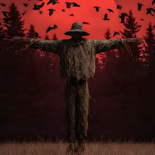 a scarecrow standing in a field with his arms spread out and birds flying over him Halloween Watch Your Back Red Sun, Valentines Art, Scarecrow, Favorite Holiday, dark slate gray