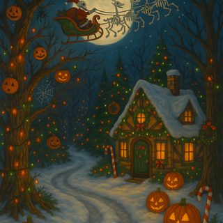 a painting of a christmas scene with santa's sleigh and pumpkins Halloween Christmas Halloween Christmas Background, Christmas Spooky, Christmas And Halloween, dark slate gray