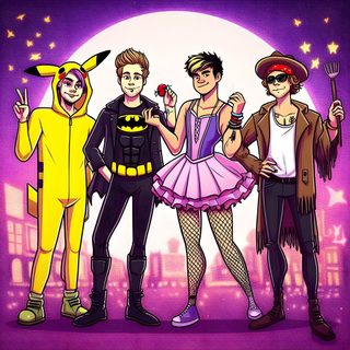 three people in costumes standing next to each other on a purple background with the moon behind them 5sos Halloween 5sos Halloween, 5sos Halloween Costumes, 5 Seconds Of Summer Group Photo, indian red