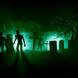 the silhouettes of three people standing in front of tombstones with green light coming from them Green Halloween Desktop Zombie Widget, Zombie Green Aesthetic, Zombie Background, Halloween Gif, black