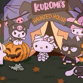 an animated halloween scene with cats and pumpkins in front of a sign that says kudom's painted house Sanrio Halloween Laptop Hello Kitty Halloween Laptop, Sanrio Fall Laptop, Hello Kitty Halloween Desktop, dim gray