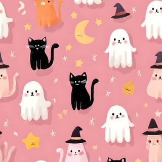 a pink background with cats, ghost and stars in the sky for halloween wallpaper Halloween Scary Cute Cute Halloween, Cute Halloween Backgrounds, Pastel Halloween Iphone, light pink