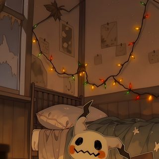 a cartoon character laying on the floor in a room with christmas lights strung all around Pokemon Halloween dark olive green