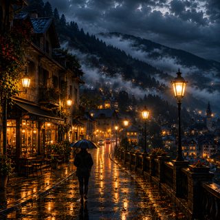 a person holding an umbrella walking down a street at night with the moon in the background Rainy Halloween Night Sky Cabin, black