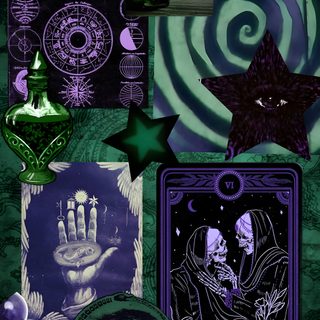 a collage of various items including cards, bottles and other things in purple and green Purple And Green Halloween Goth, Gothic, Witchy, Mood, Iphone Themes, Edgy, dark slate gray