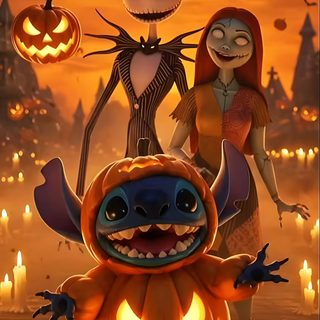 a couple of pumpkins that are sitting in the ground with jack - o'- lanterns Halloween Stitch Gif Halloween Stitch Gif, Stitch Halloween Iphone, Halloween Lilo And Stitch, saddle brown