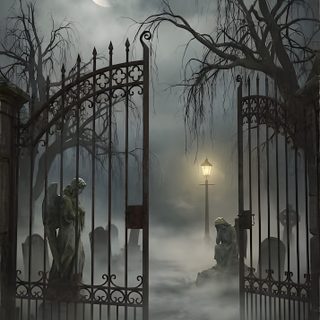 an old cemetery gate with fog and creepy tombstones in the foreground, at night Halloween Graveyard dark slate gray