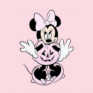 minnie mouse with her hands up in the air, on a pink background that says happy halloween Pink Disney Halloween Pretty Minnie Mouse, Minne Mouse, Cute Minnie Mouse Pfp, misty rose