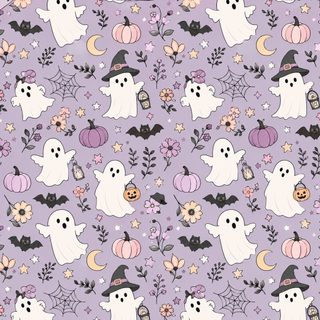 a purple background with lots of ghost and pumpkins on it, all in different colors Boho Halloween On Light Purple Pastel Goth, Halloween Prints, Kids Bags, Water Based Ink, Diy For Kids, silver