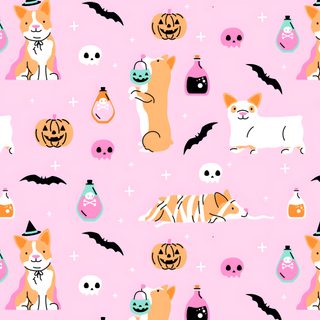 a pink background with cats, bats and pumpkins Halloween Corgi Pattern Diy Corgi-themed Halloween Decorations, Corgi Halloween, Cute Spooky Corgi, misty rose