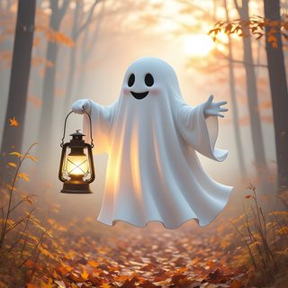 a ghost holding a lantern in the middle of a forest with leaves on the ground Halloween 4k Ghost gray