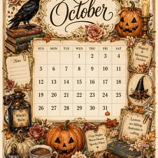 an october calendar with pumpkins, books and other items on the cover is shown Halloween Calendar dark salmon