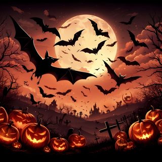 halloween scene with bats and pumpkins in front of a full moon, illustration painting Halloween Pumpkin Bat Halloween Bats And Moon, Spooky Halloween Landscape Art, Bats Flying Over The Moon, maroon