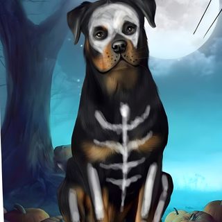 a dog with skeleton bones sitting in front of a tree and bats on the night sky Halloween Rottweiler Animals, Disney Rottweiler, Rottweiler Wearing Hoodie Drawing, dark slate gray