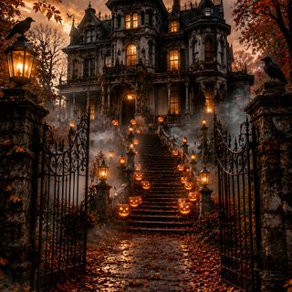 a large house with lots of lights on it's front door and stairs leading up to the entrance Halloween Mansion black
