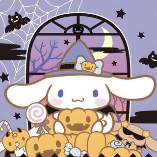 a cartoon character sitting on top of a pile of stuffed animals in front of a window Cinnamoroll Halloween Ipad Cinnamoroll Halloween Icon, Cinnamoroll Halloween Pfp, Cinnamoroll Pumpkin Painting, dark gray