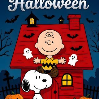 a charlie brown halloween card with the words happy halloween written on it and a cartoon dog in front of a red house Happy Halloween Charlie Happy Halloween Snoopy Peanuts Gang, Halloween Peanuts Characters, Happy Halloween Images Snoopy, dark slate gray