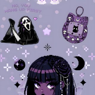 a girl with black hair and skulls on her head is standing in front of a purple background Purple Girly Cute Halloween Purple Goth Cute, Dark Purple Kawaii, Halloween Purple Halloween Cute Kuromi, dark gray