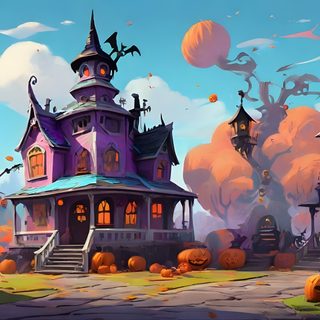 an animated halloween scene with pumpkins on the ground and houses in the background at night Halloween Village For Pc Cute Halloween Town, Spooky Town Landscape, Halloween Town 2, dim gray
