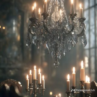 a chandelier hanging from the ceiling in a dining room filled with tables and chairs Halloween Chandelier Castle Chandelier, Dark Wood Dining Room, Victorian Chandelier, dark slate gray