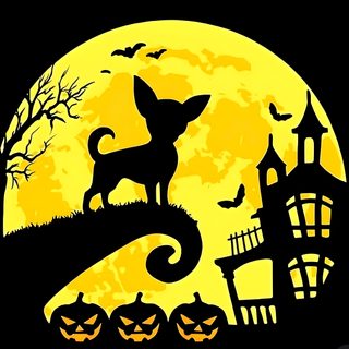 a dog standing on top of a hill in front of a full moon with bats Halloween Chihuahua Halloween Canvas Paintings, Halloween Class Party, Chihuahua Art, Dog Coloring Book, black