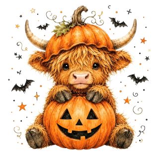 a brown cow sitting on top of a pumpkin Cute Halloween Highland Cow Fall Cow Pictures, Cow Pumpkin, Halloween Farm Animals, white