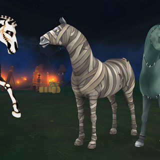three zebras are standing in the grass at night, one is black and white Star Stable Halloween 1920x1080 How To Dress Up Your Horse For Halloween, Star Stable Halloween, Spooked Horse, black
