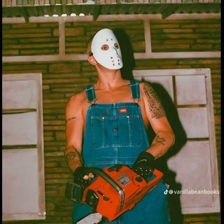 a man in overalls holding a chainsaw and wearing a mask on his face Eminem Halloween Eminem Jason Outfit, Eminem The Rapper Costume, The Real Slim Shady Costume, dark olive green
