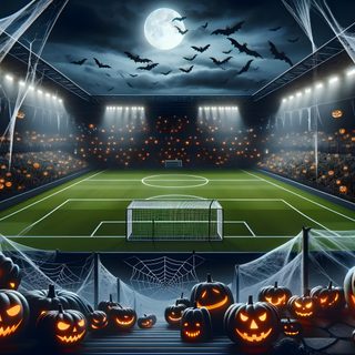 a soccer field with pumpkins and bats in the foreground is lit up at night Halloween Soccer Football Stadiums, Halloween, dark slate gray