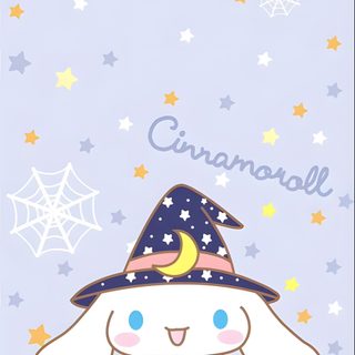 an animal with a witches hat on it's head and stars in the background Kawaii Cinnamoroll Halloween Cinnamon Roll Sanrio Halloween, Halloween Cinnamon Roll Hello Kitty, Autumn Cinnamoroll, lavender