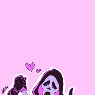 a drawing of a person wearing a mask and holding a knife in front of a pink background Cute Halloween Ghostface Kawaii Scream, Scream Aesthetic Pink, Ghost Face Background Pink, lavender