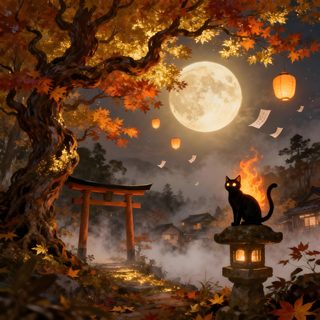 a black cat sitting on top of a stone pillar under a tree next to a lantern Japan Halloween Fantasy Village, Horror Prints, Japanese Village, Japanese Horror, Torii Gate, saddle brown