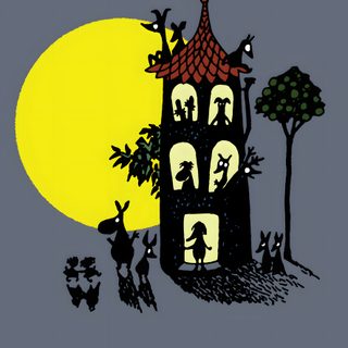 a drawing of a house with people walking around it and the moon in the background Moomin Halloween dim gray