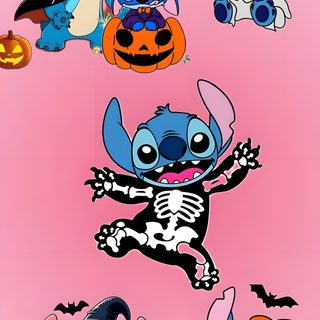some cartoon characters with pumpkins and bats Halloween Stitch And Angel Halloween Stitch And Angel, Stitch Halloween Iphone, Lilo And Stitch Halloween, hot pink