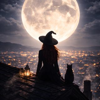 a woman sitting on top of a roof next to a cat under a full moon Gothic Halloween Witch Witch Pictures, Tolkien Art, Header Pictures, Vibes Art, dark slate gray