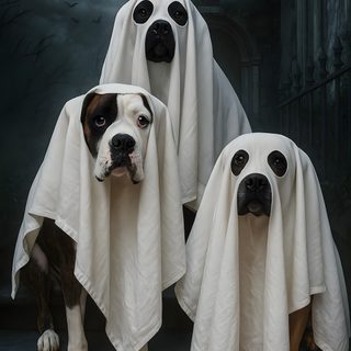 two dogs dressed up in ghost costumes Halloween Boxer Dog Dogs Halloween, Funny Halloween Dog Photo, Boxer Dog Costume, dark slate gray
