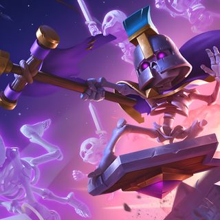 an image of some cartoon characters in the air with skulls and bones around them on a purple background Clash Royale Halloween dark slate blue