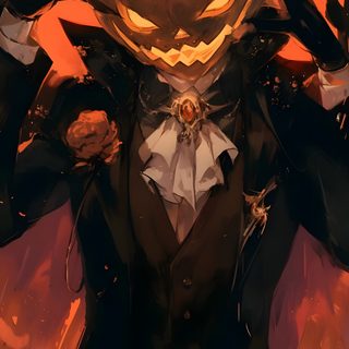 an illustration of a man in a suit and hat with his hands on his head Anime Halloween Pumpkin Anime Pfp, Pumpkin King, Jack O Lantern Pfp, Pumpkin Guy, black