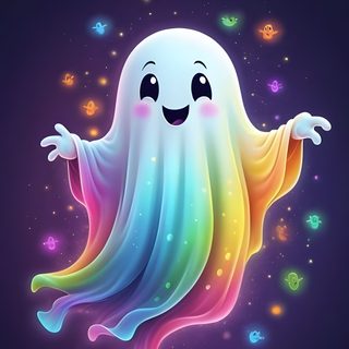 a ghost floating in the air with his arms out and eyes open, while glowing stars are Rainbow Halloween Purple Halloween Boo, Boo Images Cute, Purple Rainbow Ghost, Boo Ghost, midnight blue