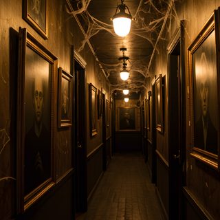 an empty hallway with paintings and lights hanging from the ceiling Halloween Hallway Haunted Hallway Decor, Haunted Hallway Scene, Haunted House Inside, black
