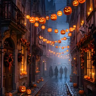 people are walking down the street with pumpkins hanging from it's windows at night Halloween 5k Ideas dark slate gray